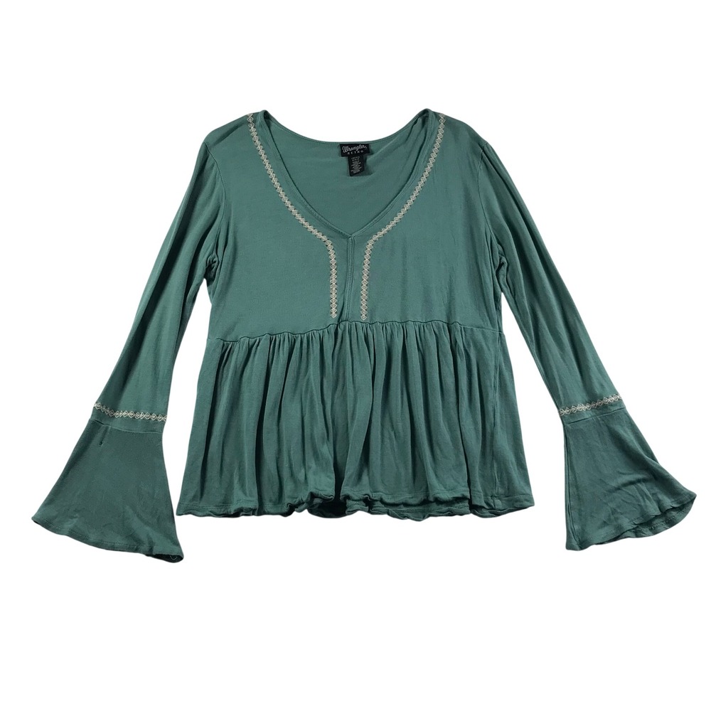 Wrangler Retro Womens Teal Green Embroidered Bell Sleeve Peplum Top Small